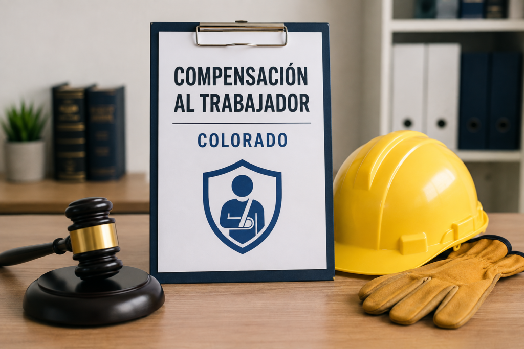 Compensación al trabajador en Colorado con casco y documentos legales.